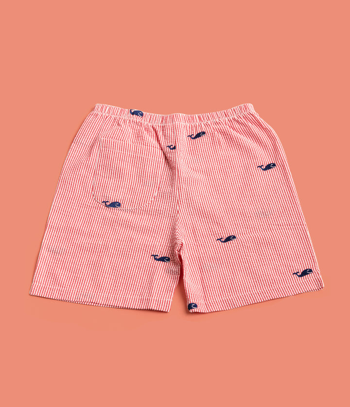 Red Kids Seersucker Shorts with Navy Embroidered Whales