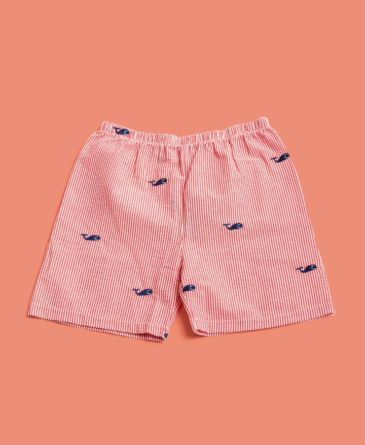 Red Kids Seersucker Shorts with Navy Embroidered Whales