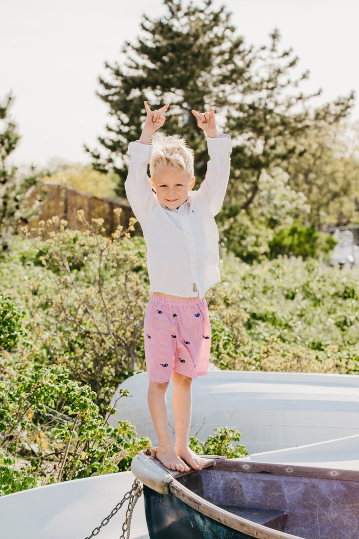 Red Kids Seersucker Shorts with Navy Embroidered Whales