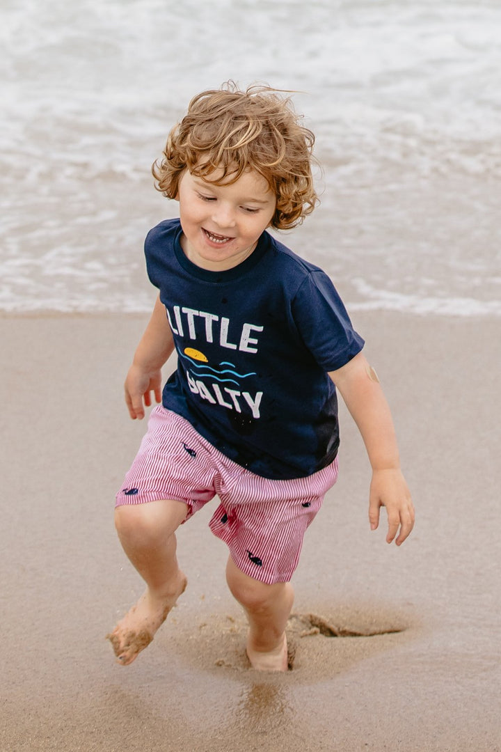 Red Kids Seersucker Shorts with Navy Embroidered Whales