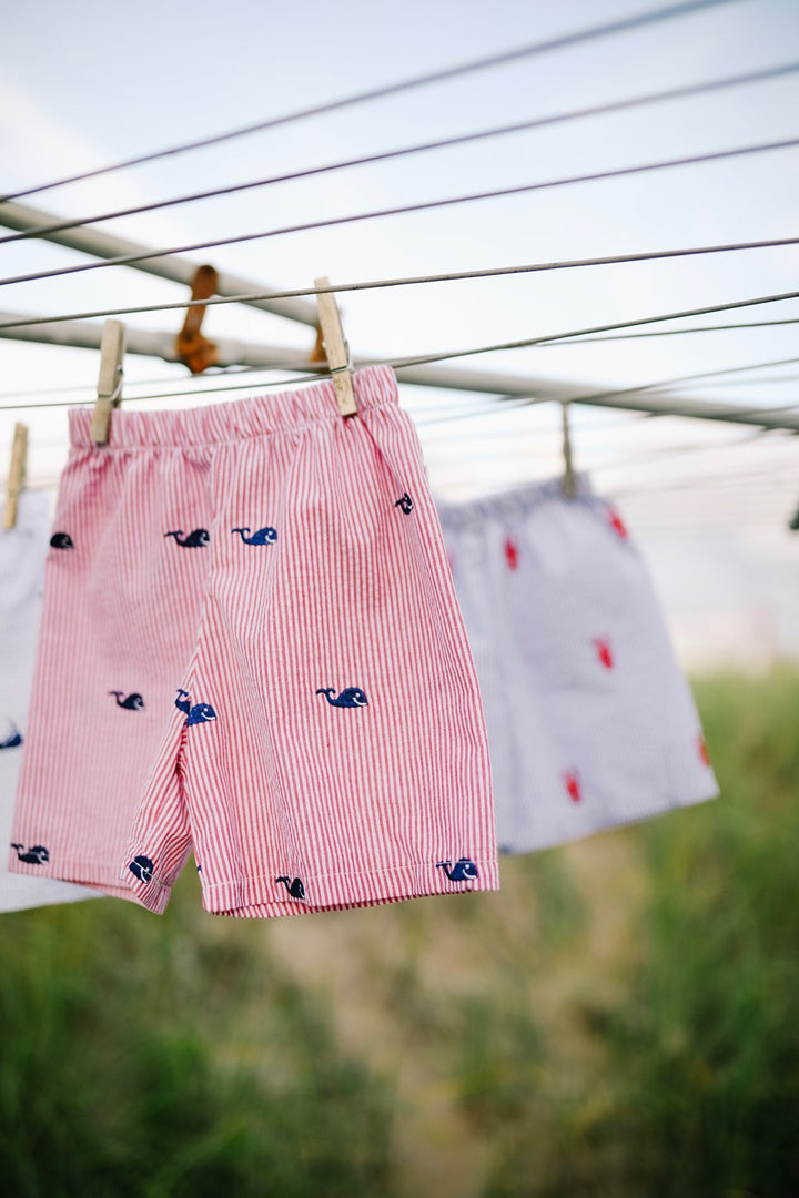 Red Kids Seersucker Shorts with Navy Embroidered Whales