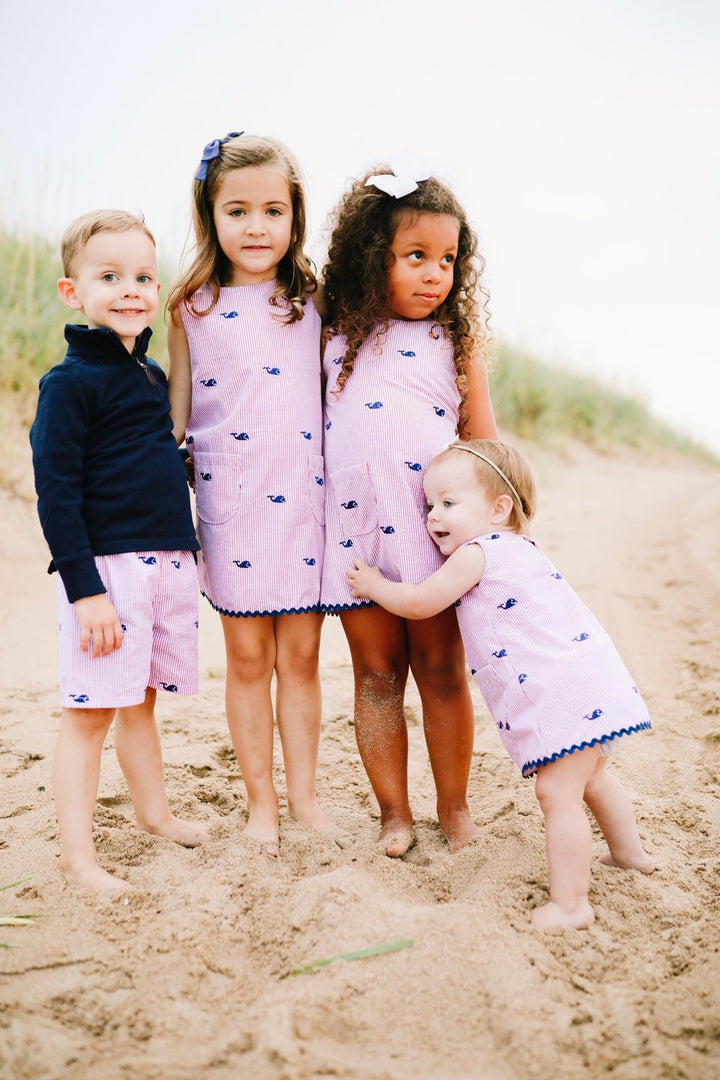 Red Kids Seersucker Shorts with Navy Embroidered Whales
